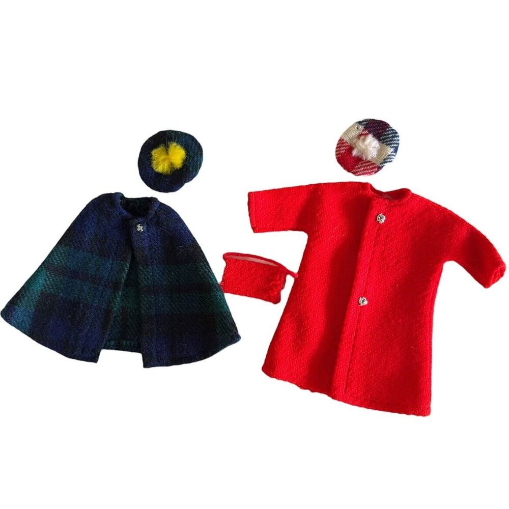 Vintage Clone Barbie‎ Mod 60s Red Coat Plaid Cape And 2 Hats